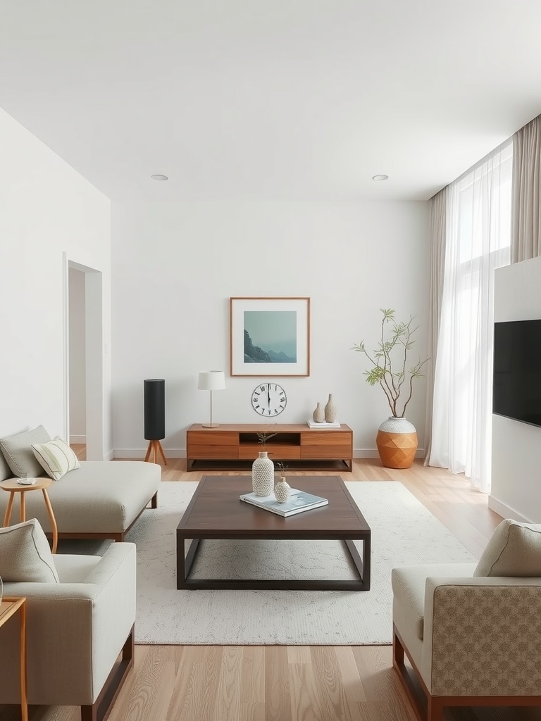 A modern living room featuring a white and brown color scheme with a dark brown center table.