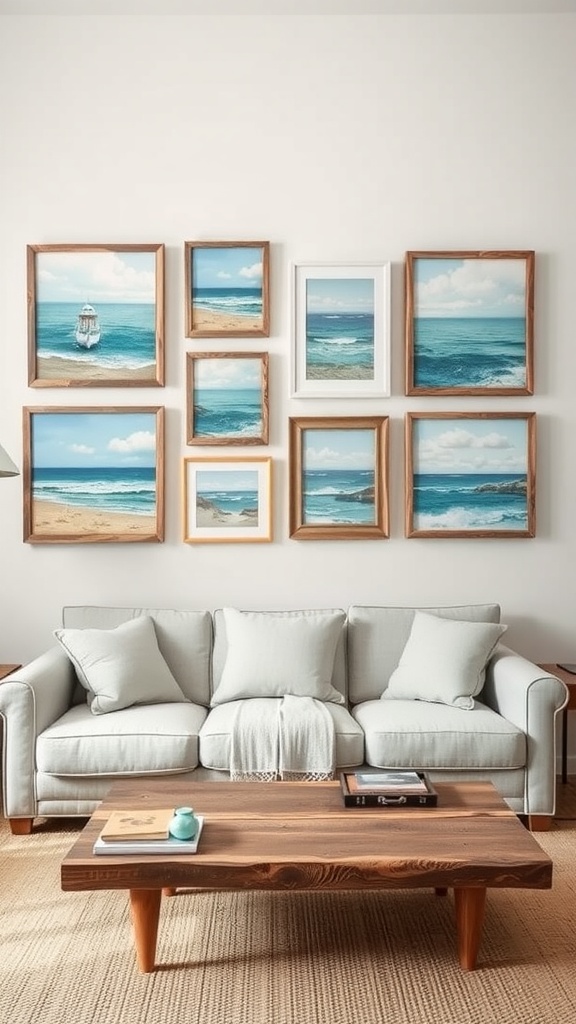 Living room with a gallery wall of seascape paintings in reclaimed wood frames, light-colored sofa, and rustic coffee table.