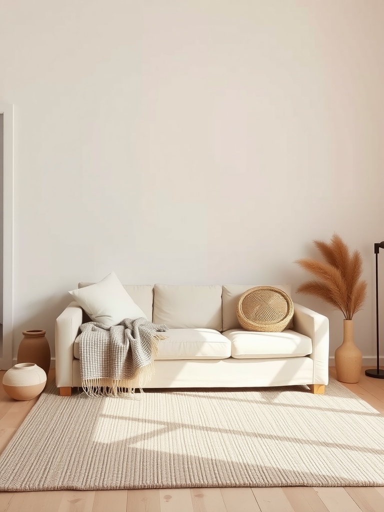 A cozy minimalist living room with a light-colored sofa, textured blanket, and decorative vases.