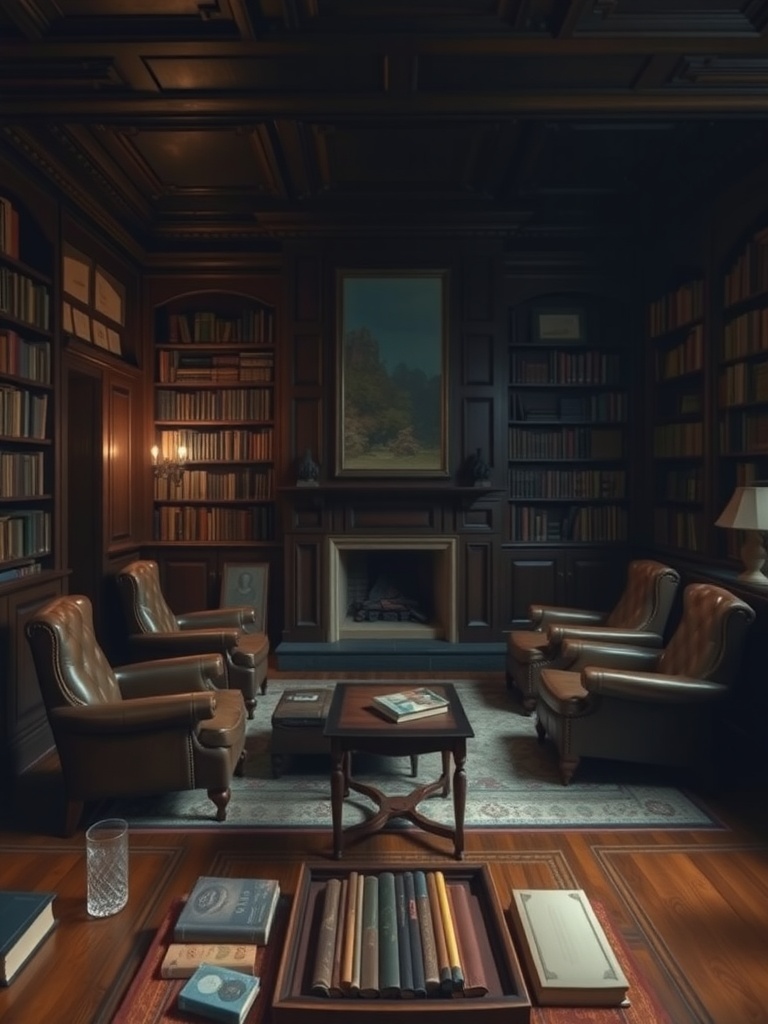 A cozy library living room featuring dark wood shelves filled with books, leather armchairs, a fireplace, and a warm ambiance.