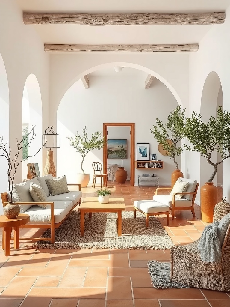 A bright Mediterranean-style living room with terracotta tiles, wooden beams, and natural plants.