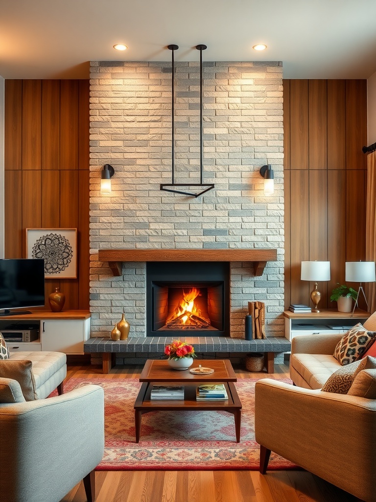 A mid-century modern living room featuring a stylish fireplace with a textured stone wall, wooden accents, and contemporary furnishings.