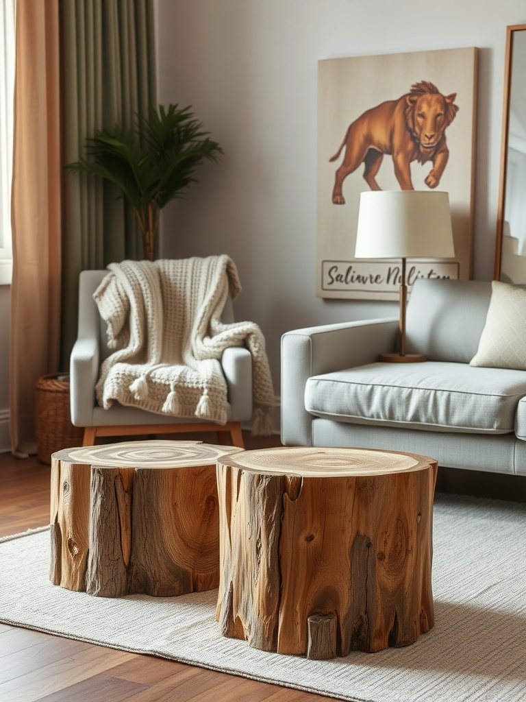 Cozy living room featuring two tree trunk side tables, a light grey sofa, and a knitted blanket.