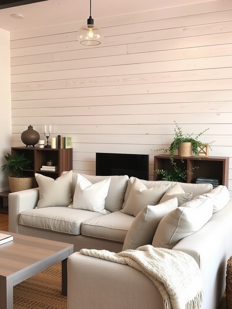 A cozy living room featuring shiplap walls and a soft linen sofa with plush pillows.