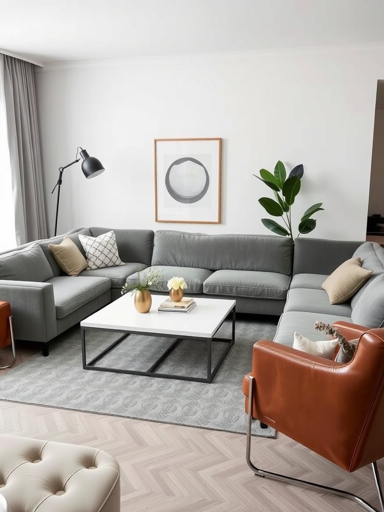 A modern living room featuring a gray sectional couch, brown accent chairs, and a white coffee table, with natural light streaming in.