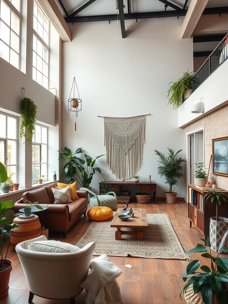 A bohemian loft living room with high ceilings, large windows, a leather sofa, colorful poufs, and various plants.