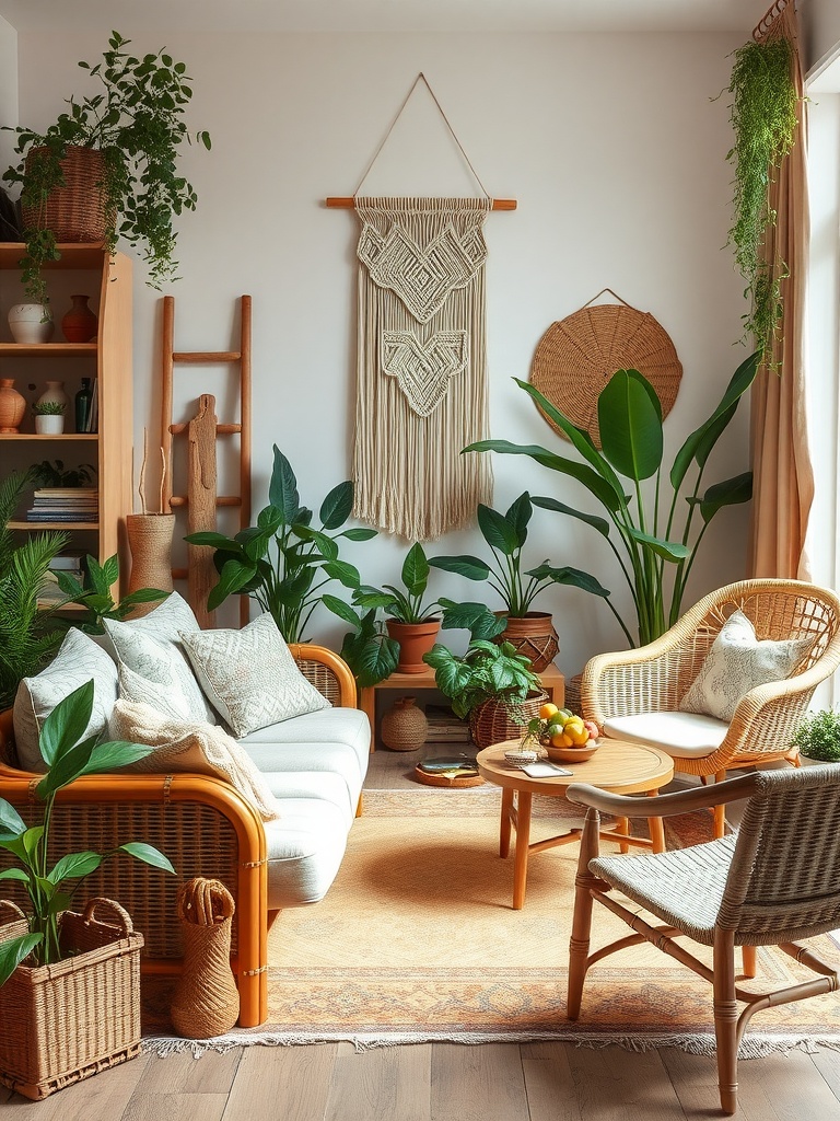 A bohemian-style living room featuring rattan furniture, vibrant plants, and soft textiles.