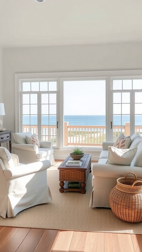 A bright coastal living room featuring light linen slipcovered chairs, a wooden coffee table, and large windows with an ocean view.