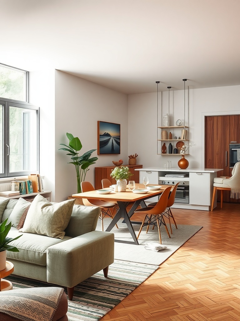 A cozy living room and dining area combined in an open layout featuring modern furniture and natural light.