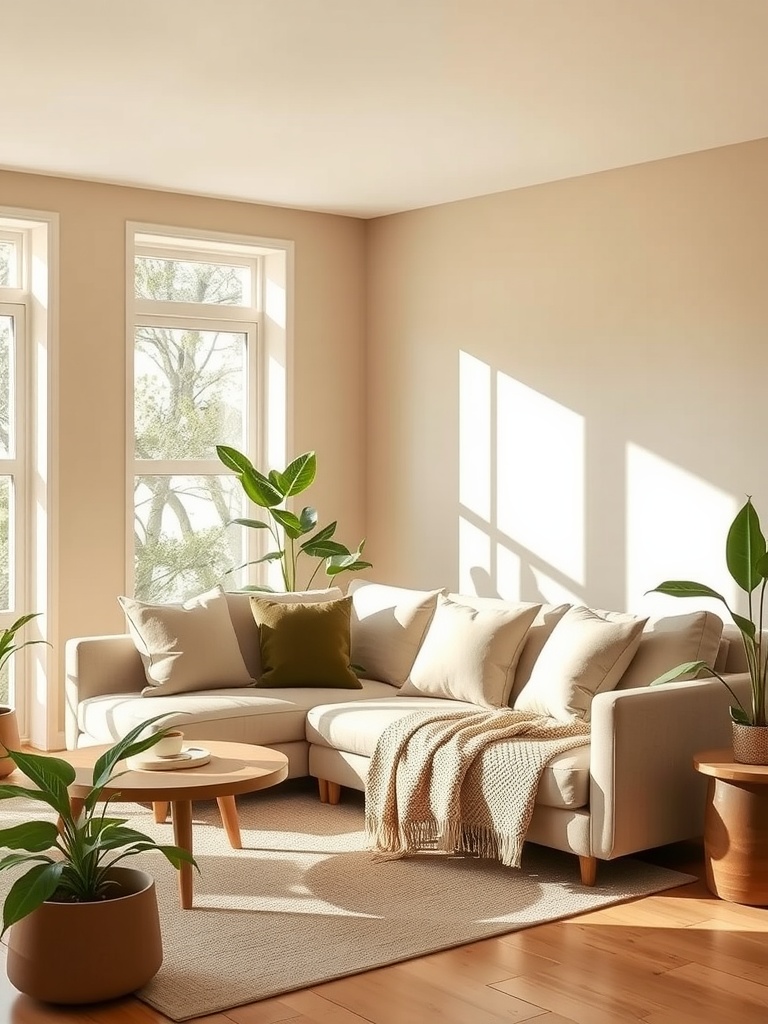 A modern living room with beige walls, a taupe sofa, olive green cushions, and potted plants