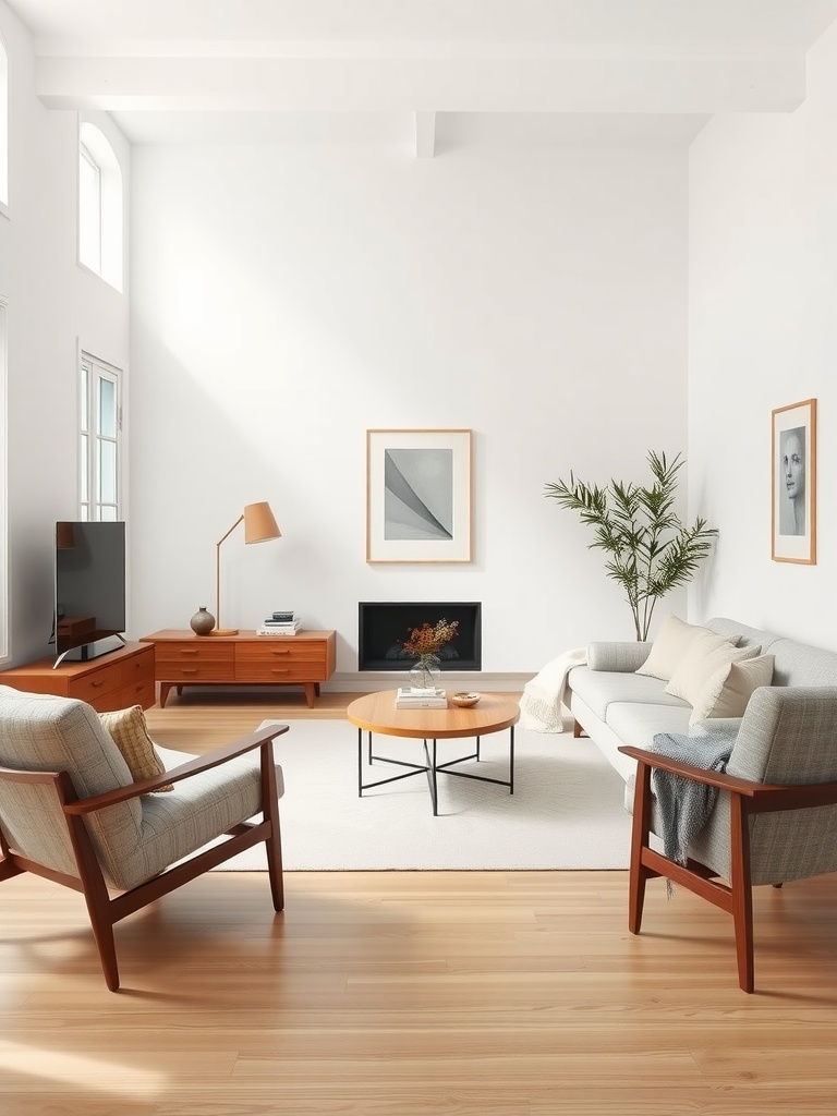 A minimalist mid-century modern living room featuring light wood flooring, a gray sofa, wooden accent chairs, and a round coffee table.