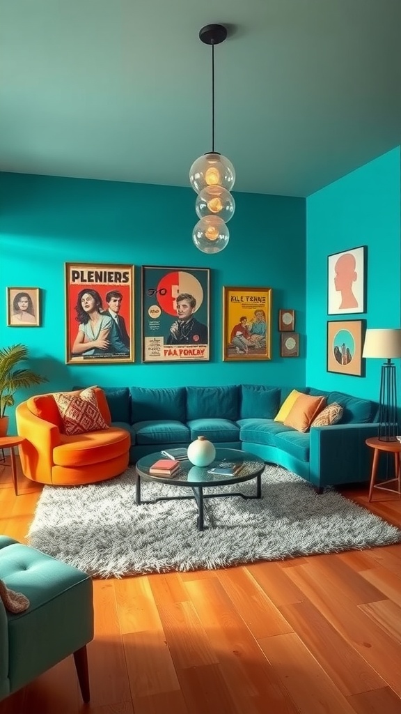 A retro-inspired living room featuring turquoise walls, colorful furniture, and vintage art.