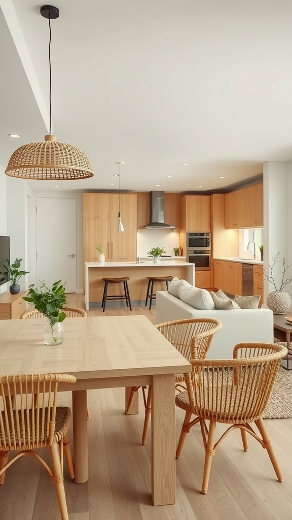 Open-concept Japandi living room with a wooden dining table, rattan chairs, and a cozy sofa.