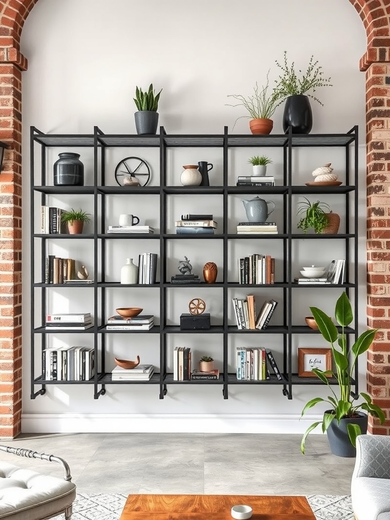 Wall-mounted metal shelving unit with plants and books in an industrial farmhouse living room.