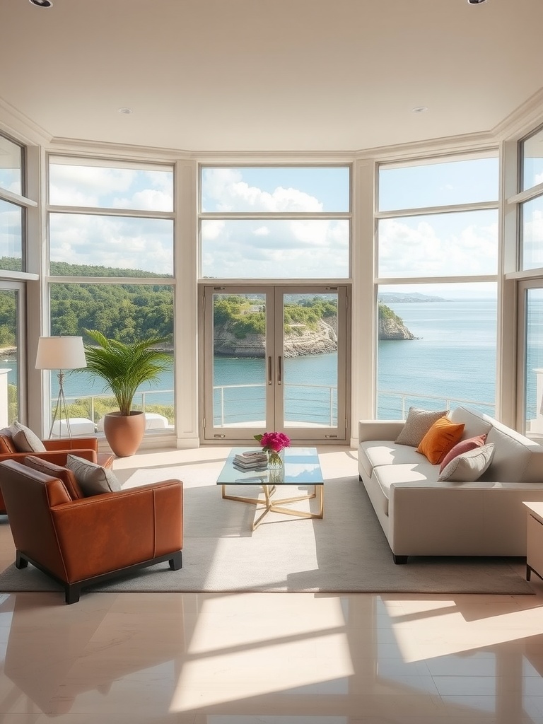 Modern living room with large windows overlooking the water, featuring brown leather chairs and a light-colored sofa.