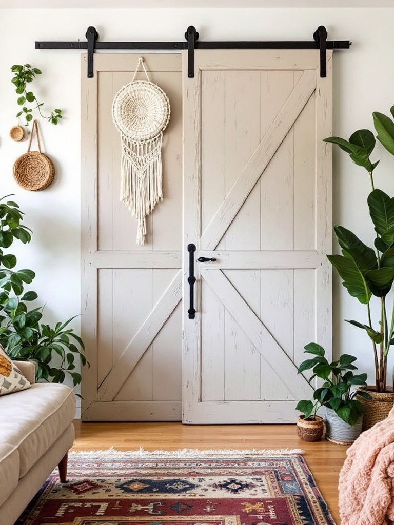 A cozy boho living room featuring a beige barn door as a room divider, decorated with hanging baskets, plants, and colorful cushions.