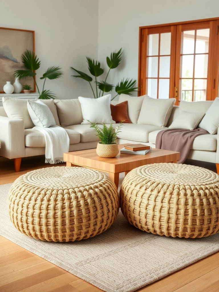 Cozy living room with woven poufs, light sofa, and plants