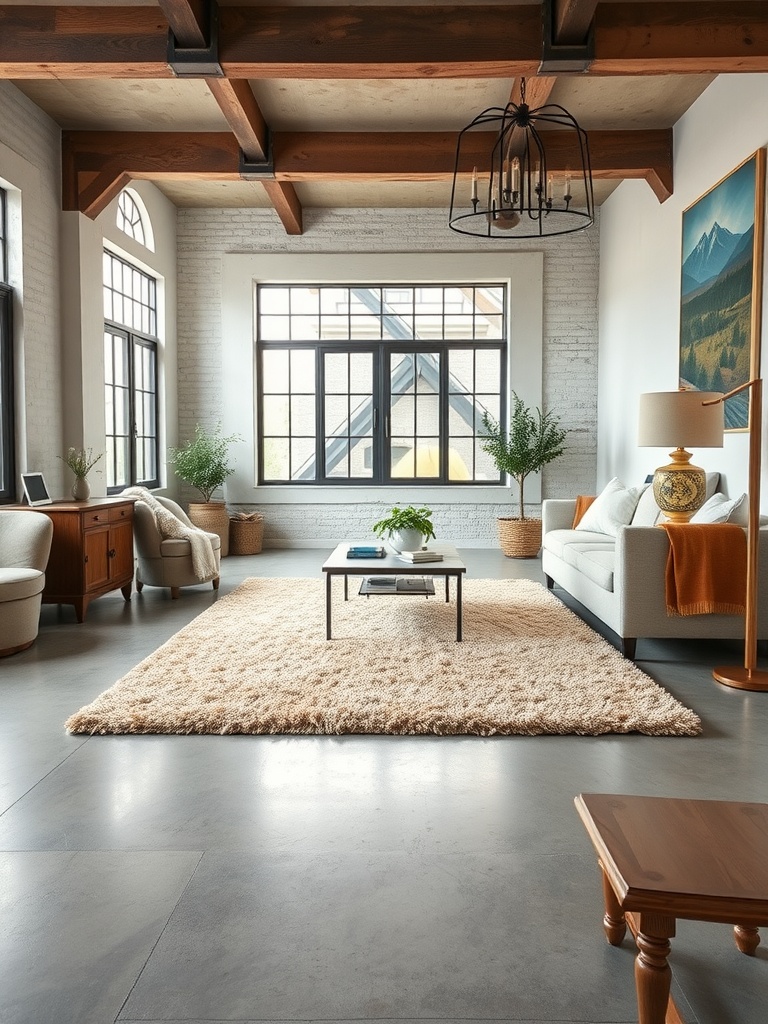 Living room featuring a concrete floor, fluffy rug, wooden beams, and large windows.