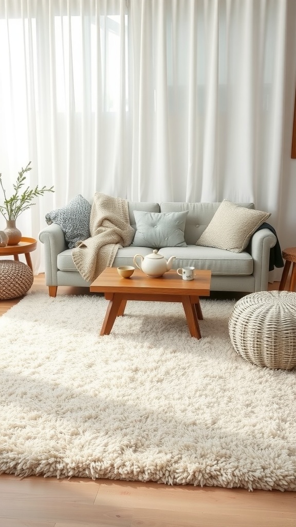 Cozy Japandi living room with layered textures, featuring a light sofa, fluffy rug, and wooden furniture.