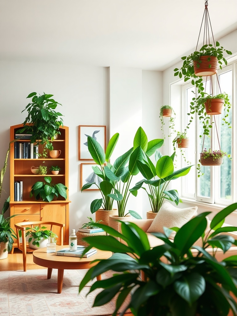 A mid-century modern living room filled with various indoor plants, featuring a wooden bookshelf, a round coffee table, and a comfortable sofa.