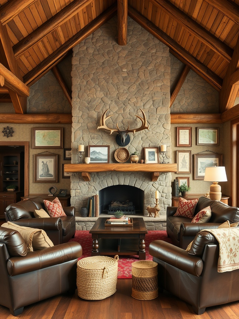 A rustic living room with a stone fireplace, wooden beams, leather furniture, and earthy decor.