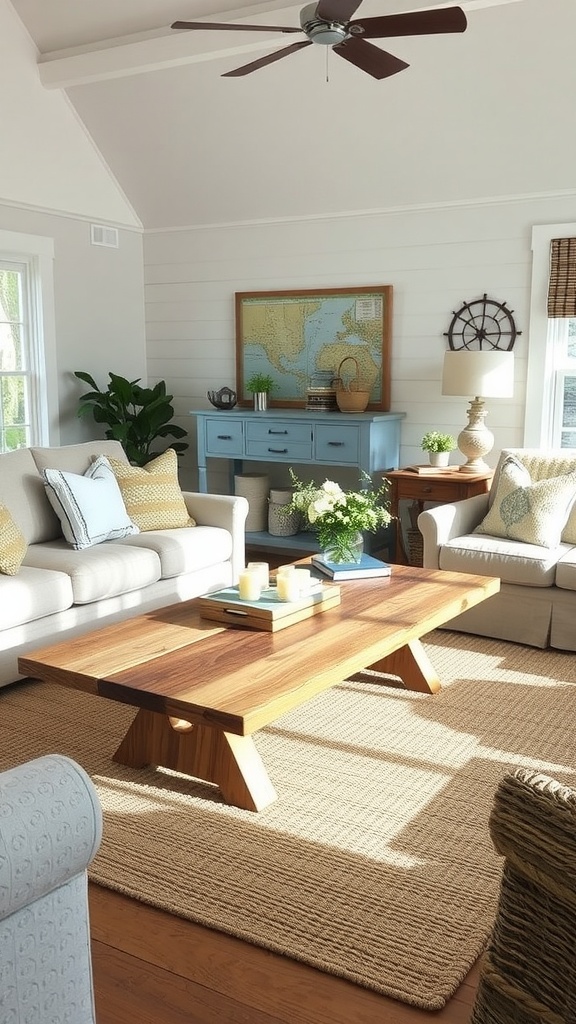 Coastal living room with boatwood coffee table and light colored sofas