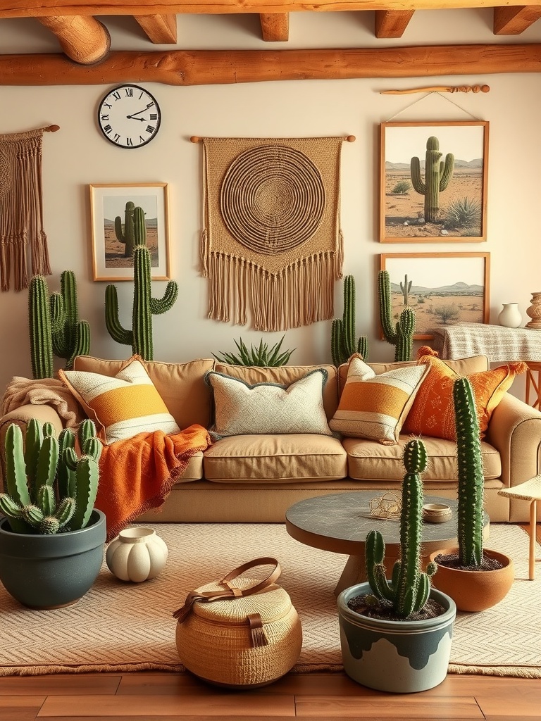 A southwestern-inspired living room with cacti, warm colors, and cozy decor.