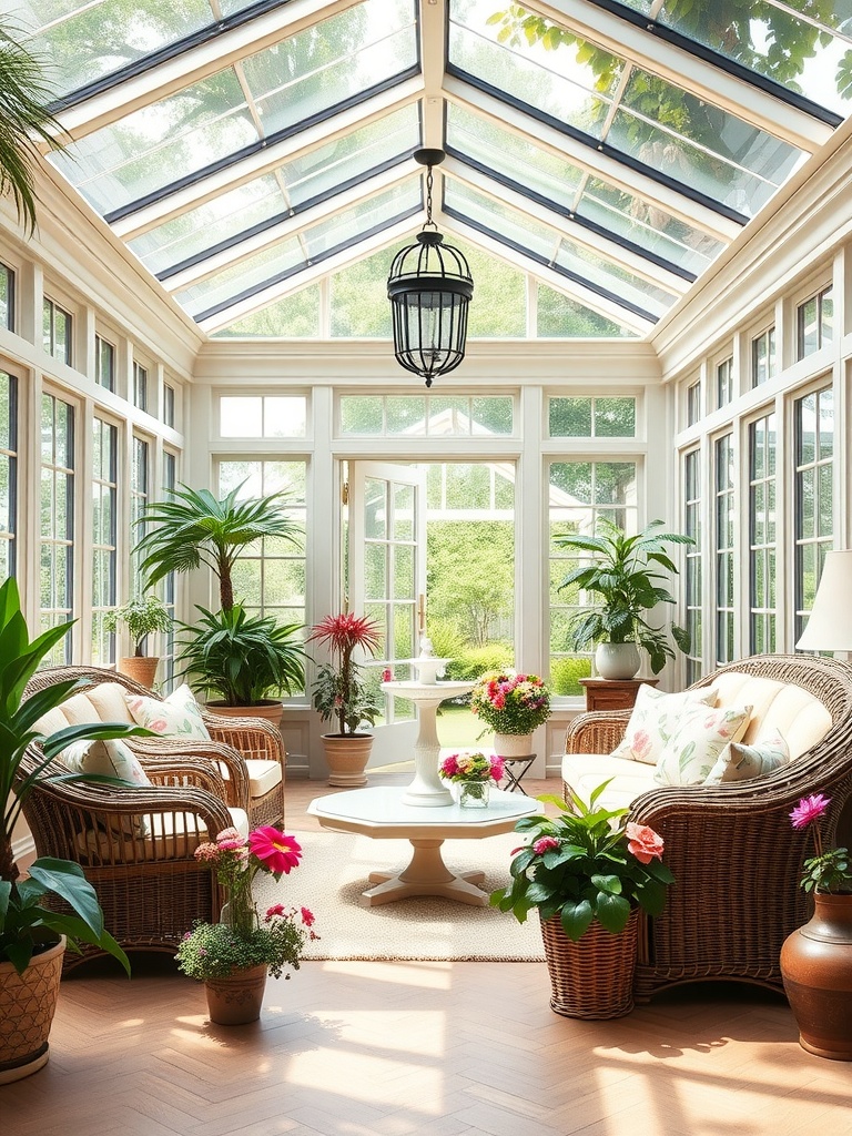 A bright and inviting conservatory living room with wicker furniture, floral cushions, and lush plants.