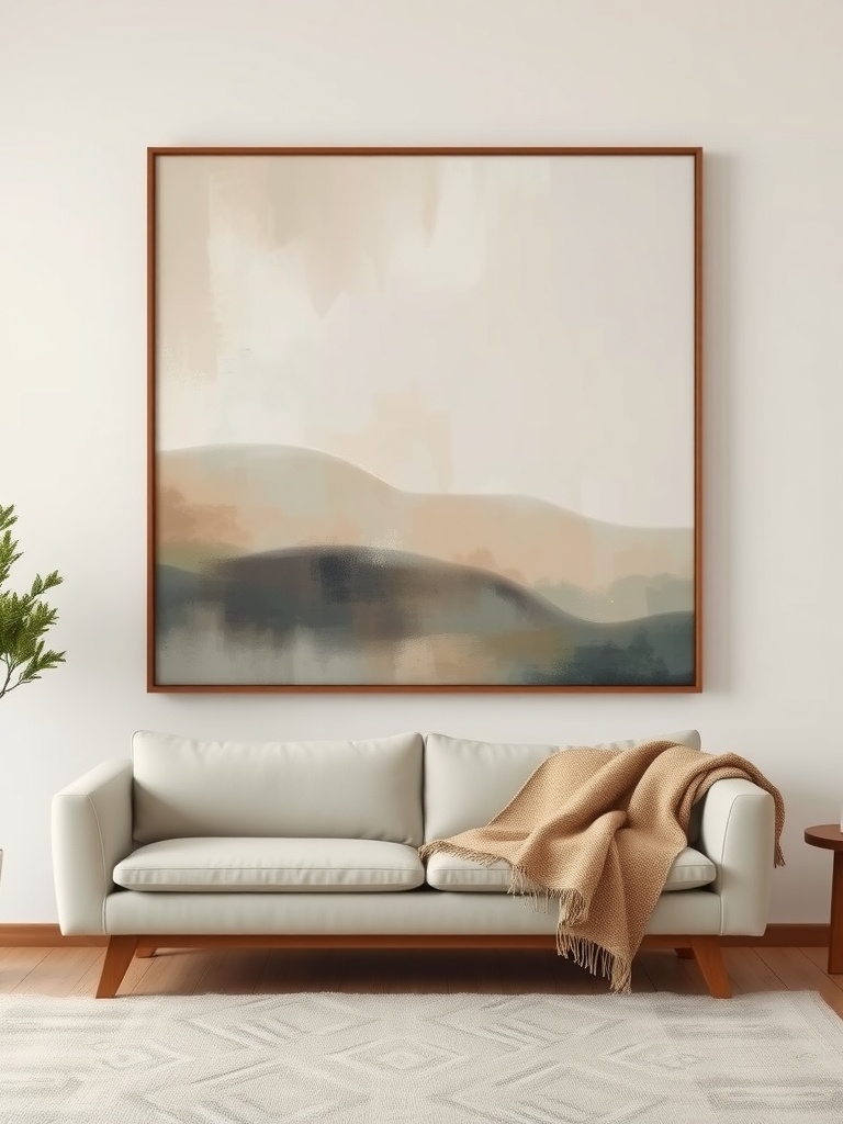 A modern living room featuring a light sofa, abstract art, and natural elements.