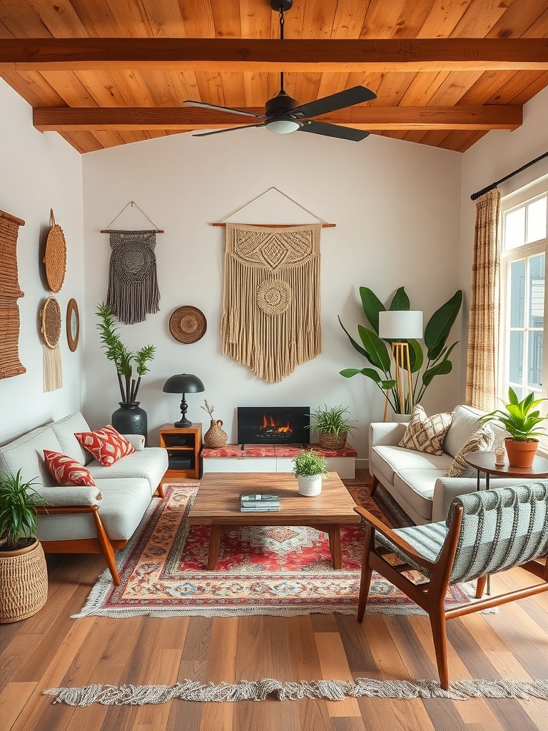 A cozy living room featuring mid-century modern furniture with bohemian decor elements.