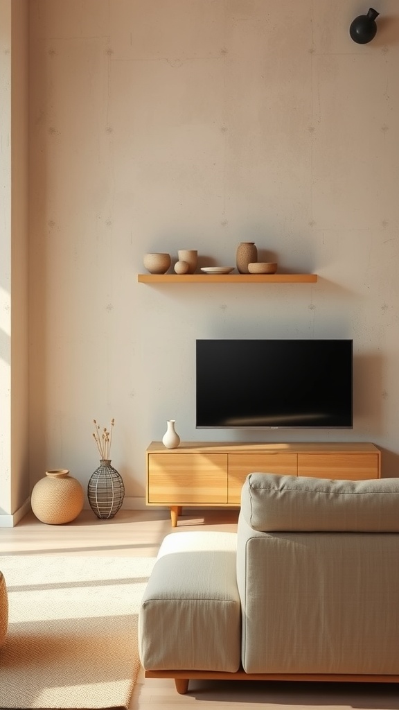 Cozy Japandi living room with wooden accent wall and minimalist furniture