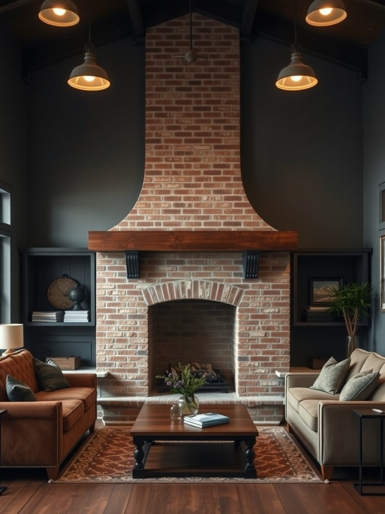 A living room featuring a tall brick fireplace, dark walls, and cozy furniture arranged around a wooden coffee table.