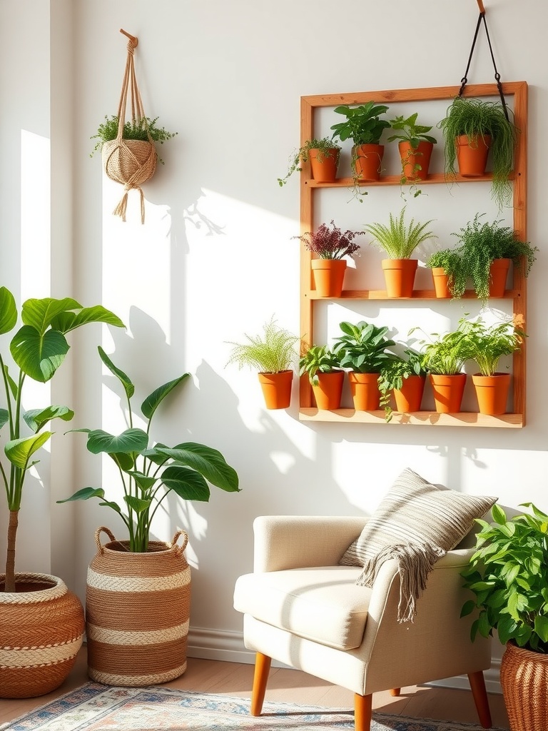 Bright living room with a vertical garden of terracotta pots on a shelf, surrounded by leafy plants and a cozy chair.