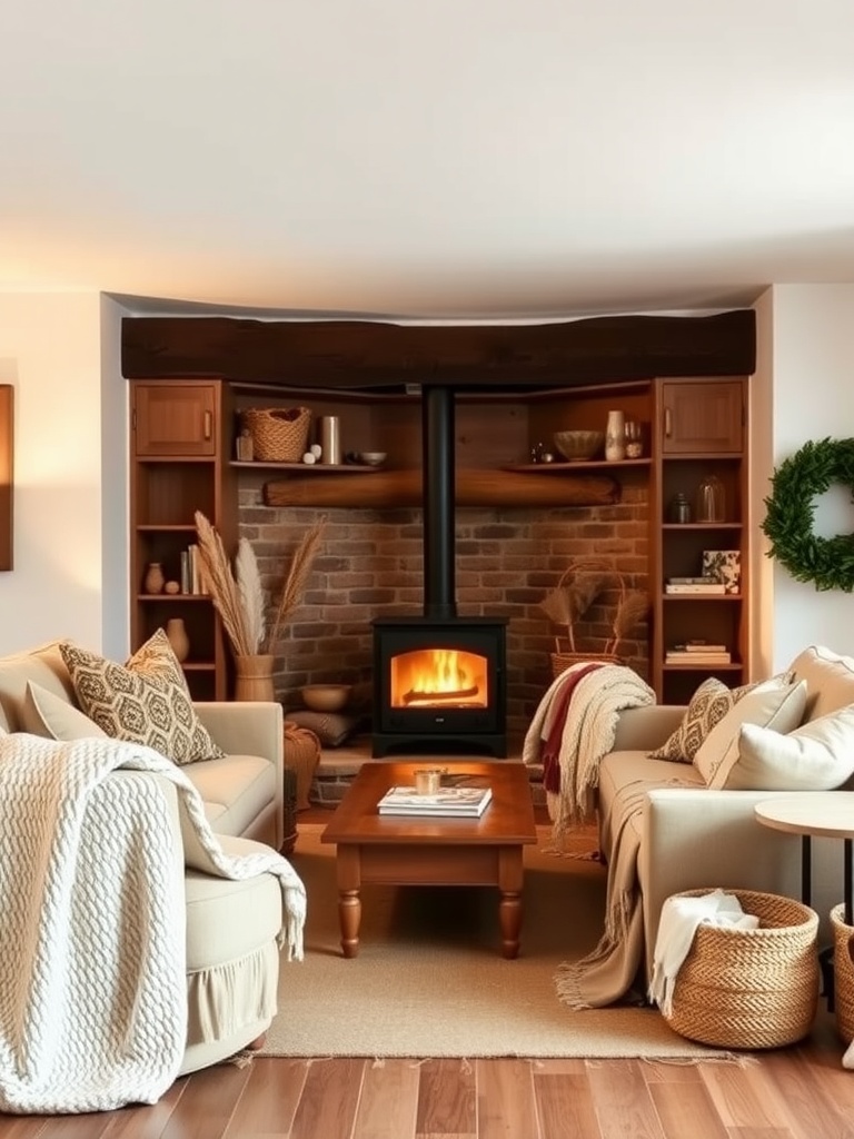 Cozy living room with two sofas, a wood stove, and natural decor elements.