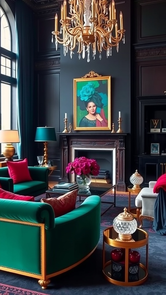 Luxurious jewel-toned living room with green sofa, red cushions, and ornate chandelier.