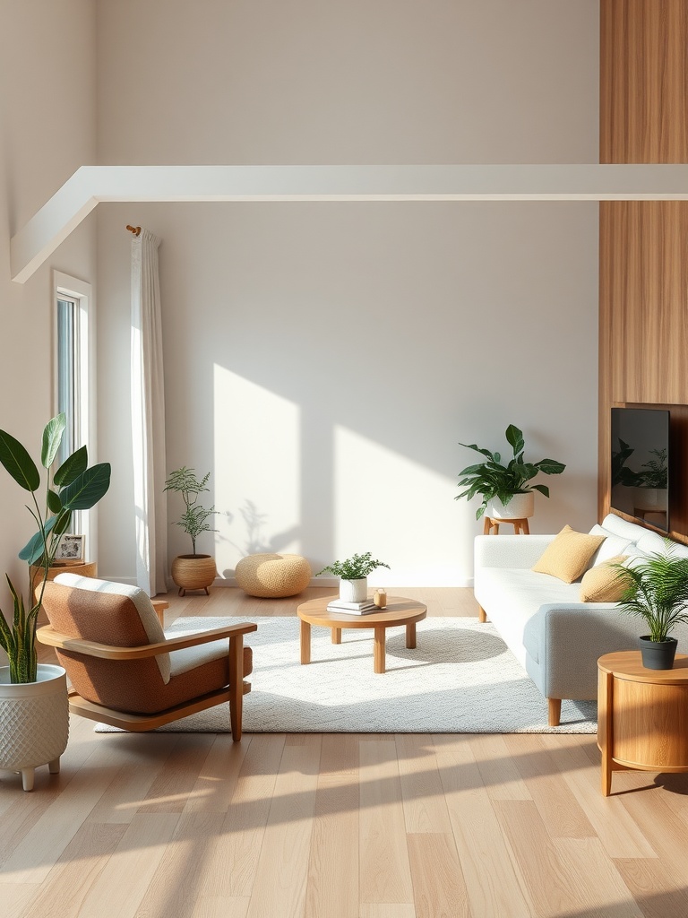 A bright and airy modern earthy living room with plants, light wood flooring, and cozy furniture.