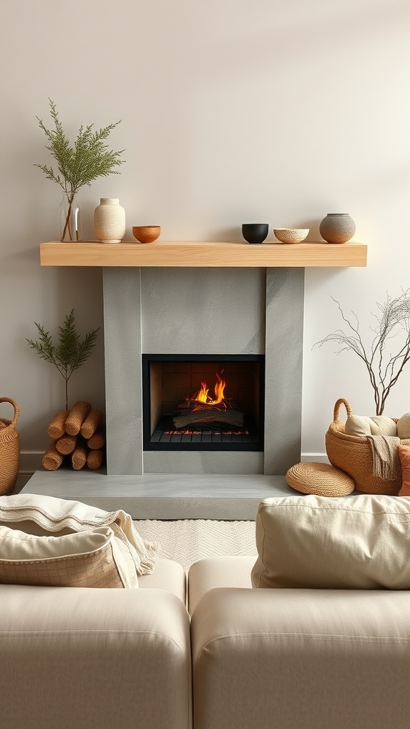 A minimalist Japandi living room featuring a stone fireplace with a wooden mantel, decorative bowls, and cozy seating.