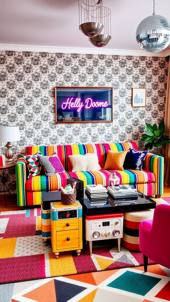 A colorful eclectic living room featuring a striped sofa, playful patterns, and vibrant decor.