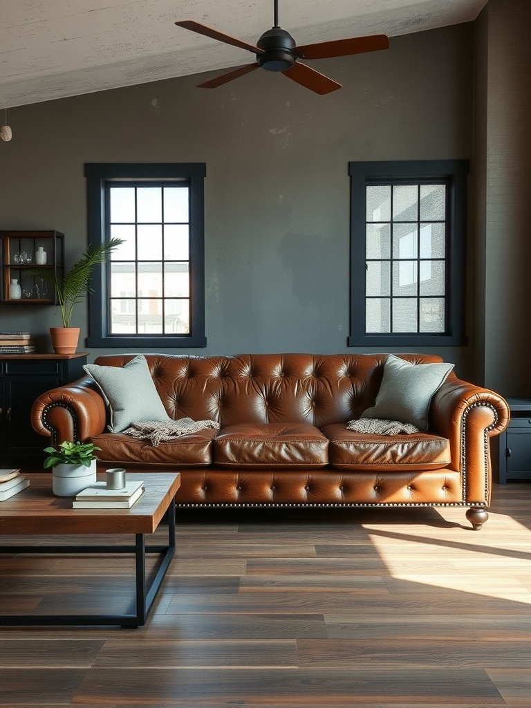 A stylish industrial farmhouse living room featuring a distressed leather sofa, minimalist coffee table, and natural light from large windows.