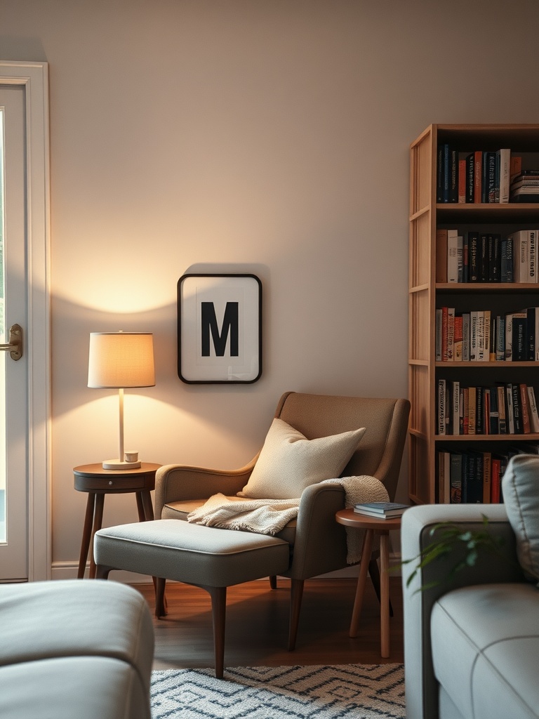 Cozy mid-century modern reading nook with an accent chair, side table, lamp, and bookshelf.