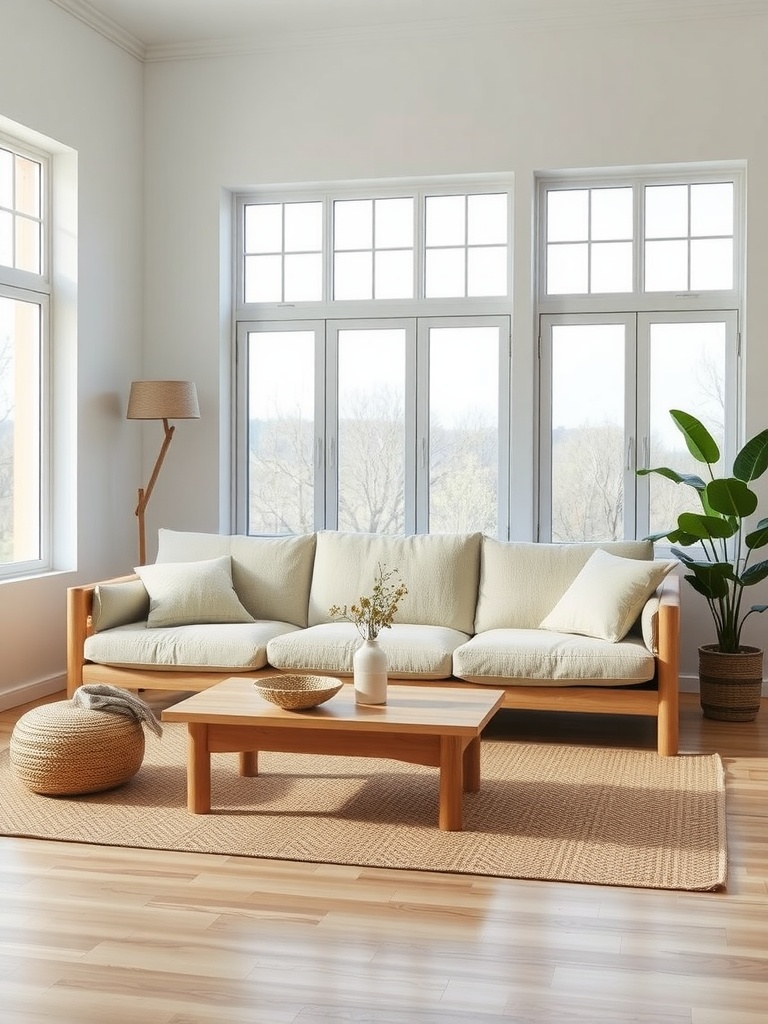 A cozy modern living room featuring a Scandinavian sofa, wooden coffee table, and large windows.