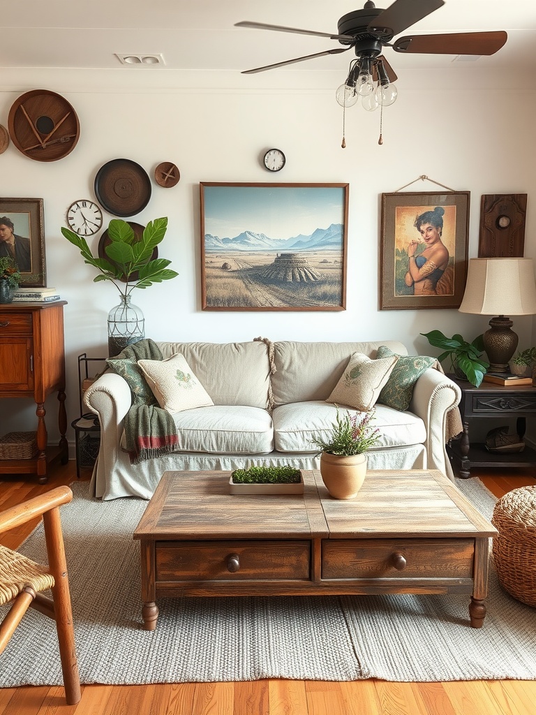 A cozy boho farmhouse living room with a soft couch, wooden coffee table, vintage artwork, and green plants.