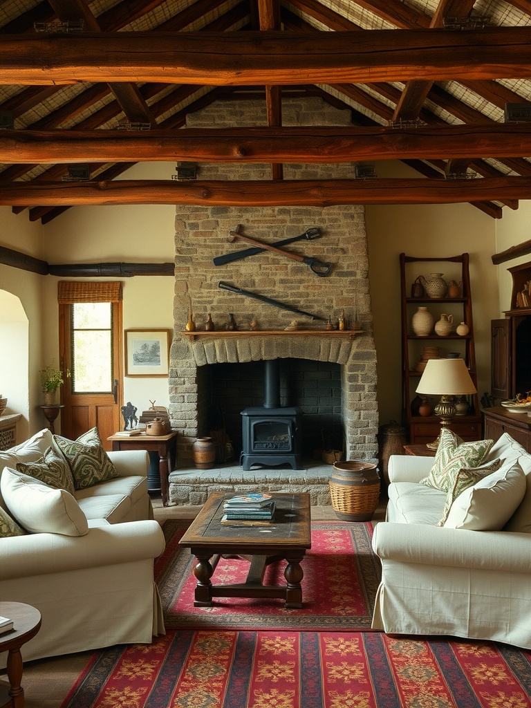 Cozy English farmhouse living room with wooden beams, stone fireplace, and comfortable seating.