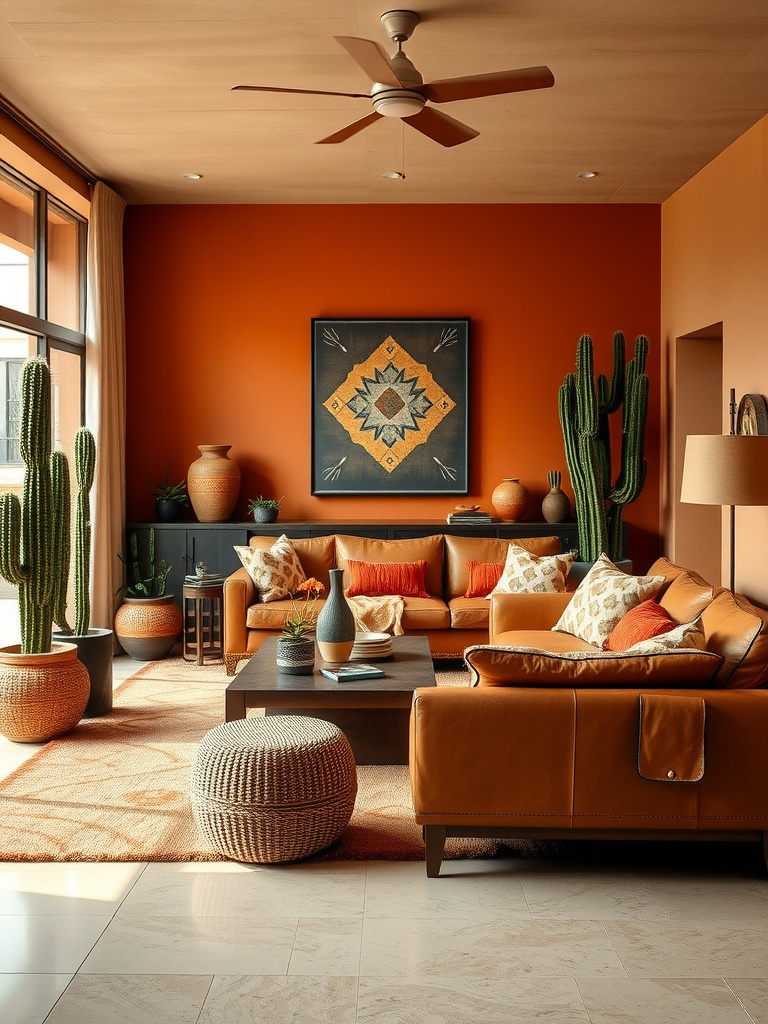 A cozy Southwestern chic living room featuring warm orange walls, leather sofas, cacti, and decorative accents.