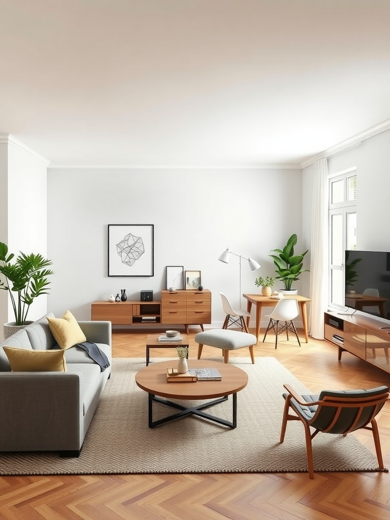 A stylish living room and dining room combo in an apartment with a cozy sofa, accent chairs, a round coffee table, and a small dining area.