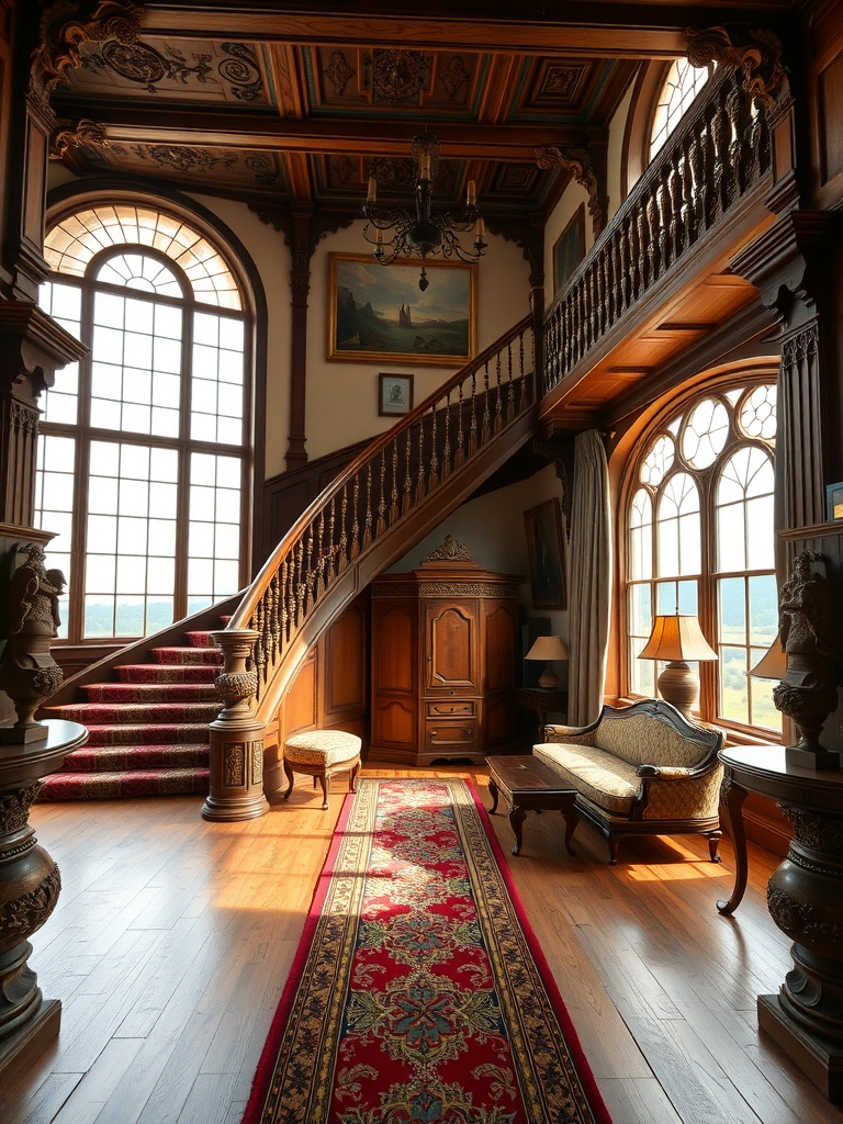 An elegant living room featuring a grand staircase, large windows, and intricate woodwork.