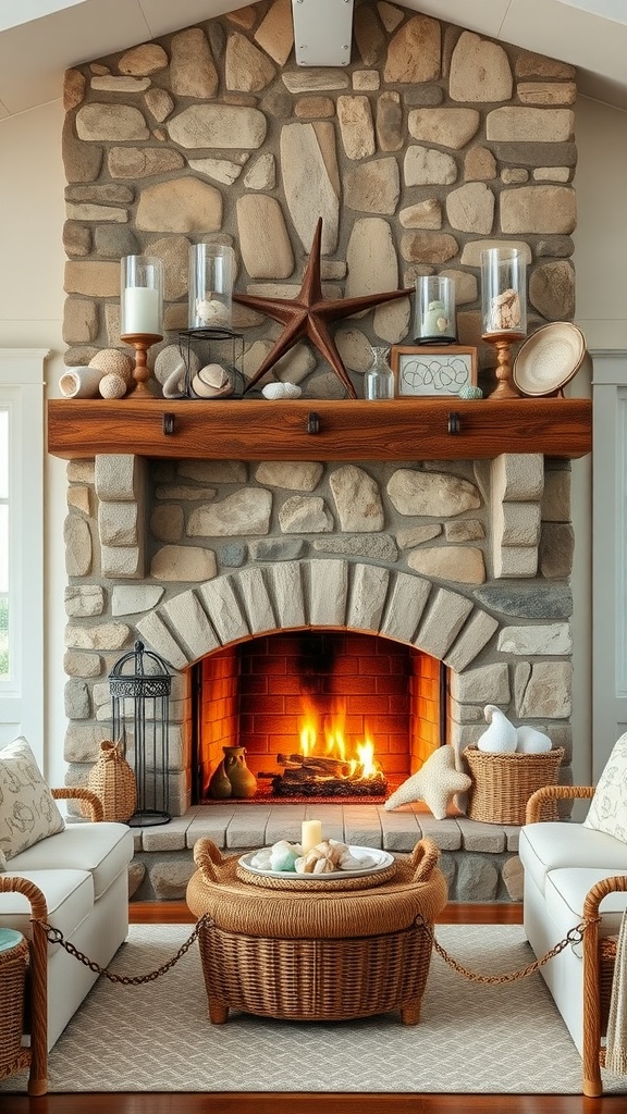 A cozy living room featuring a stone fireplace with a warm fire, surrounded by seashell decorations and comfortable seating.