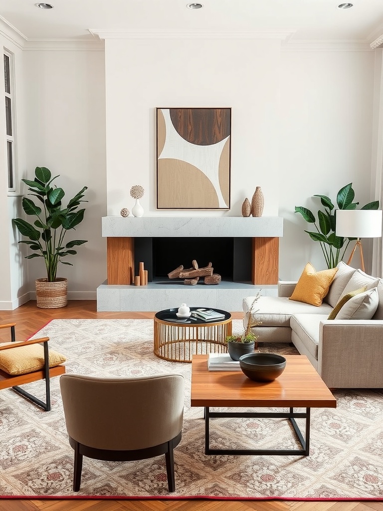 A stylish living room featuring geometric art and earthy decor elements, including wooden furniture and plants.