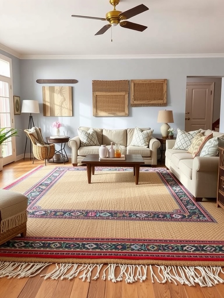 A cozy living room with layered rugs, neutral furniture, and warm decor.