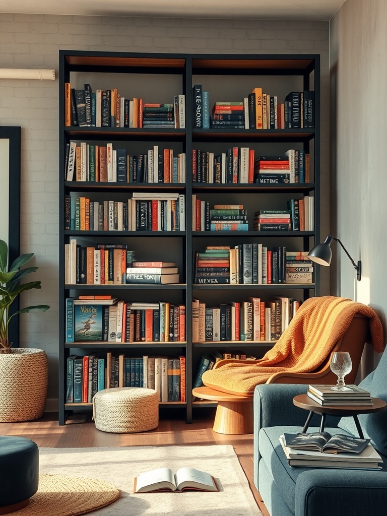 A cozy living room nook featuring a metal-framed bookcase filled with colorful books, an oversized chair with an orange blanket, and a potted plant.